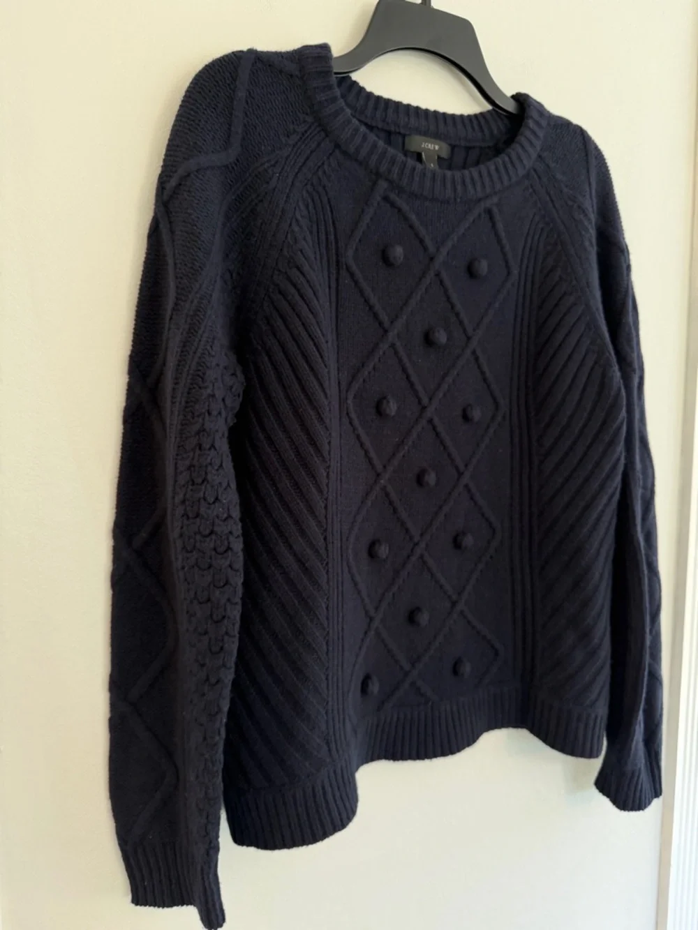 J. Crew Navy Cable Knit Sweater Pom Pom Textured Crewneck Size L
